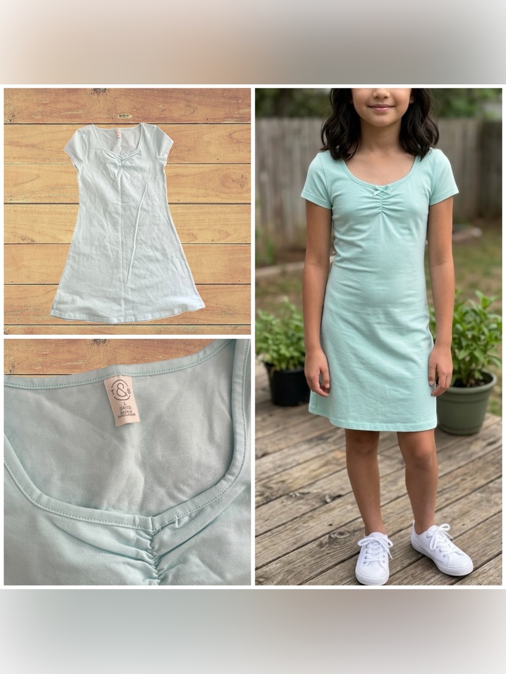 Treasure & Bond Girls' Light Teal / Aqua Short-Sleeve Shirt Dress, L (10/12)